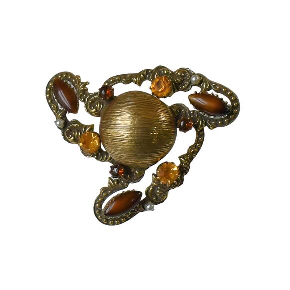 1960s Original by Robert Asymmetrical Brass  Glass Cabs & Rhinestone Pin Brooch - Picture 1 of 3